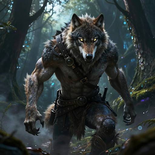 Digital art of a muscular, glowing-eyed werewolf with dark fur, wearing tattered leather armor, prowling through a misty, dense forest.