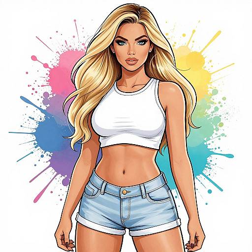 Digital comic-style illustration of a blonde woman with long hair, wearing a white crop top and light blue denim shorts, against a colorful splatter background.
