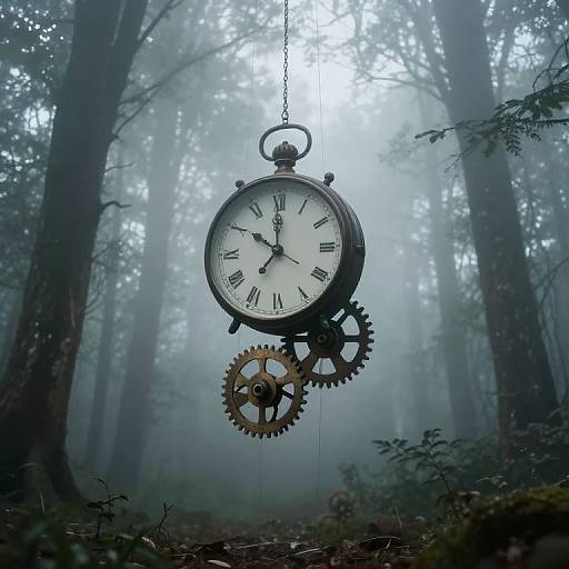 Ethereal Misty Forest with Floating Clocks