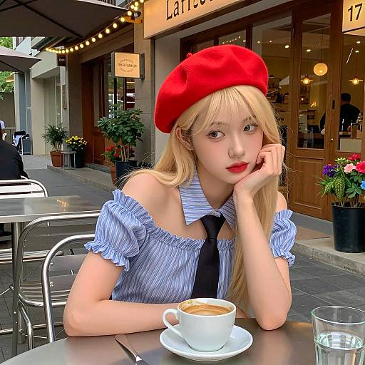 Young Woman in Red Beret at Café