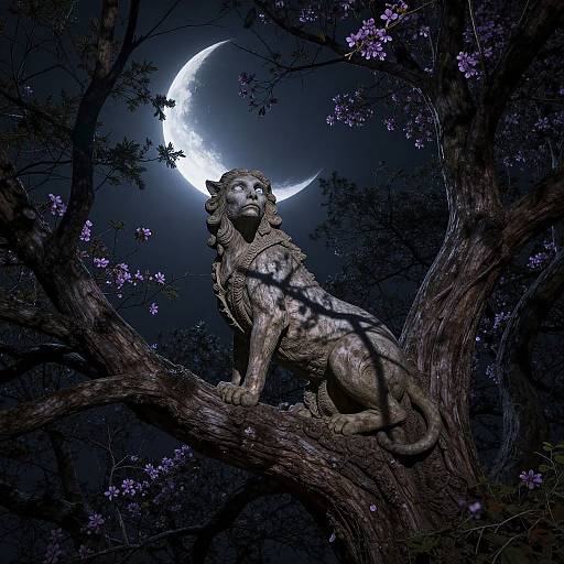 Photograph of a stone lion statue on a dark tree branch, illuminated by a crescent moon, surrounded by purple flowers.
