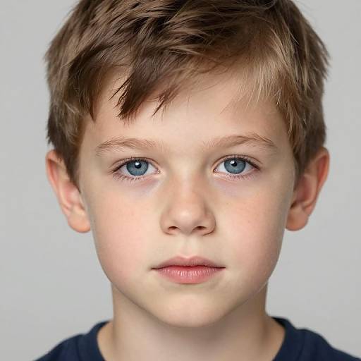 Photograph of a young boy with fair skin, blue eyes, brown tousled hair, and a neutral expression, wearing a black shirt against a plain
