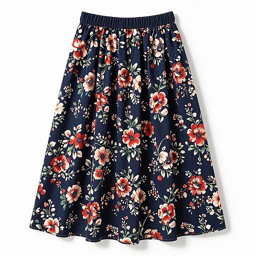 Photograph of a navy blue A-line skirt with a vibrant floral pattern featuring red, white, and green flowers.