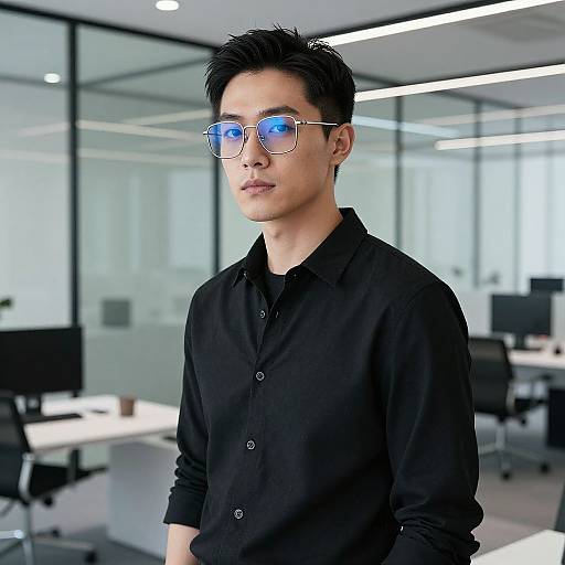 Photograph of an East Asian man with short black hair, wearing blue reflective glasses and a black button-up shirt, standing in a modern, brightly lit
