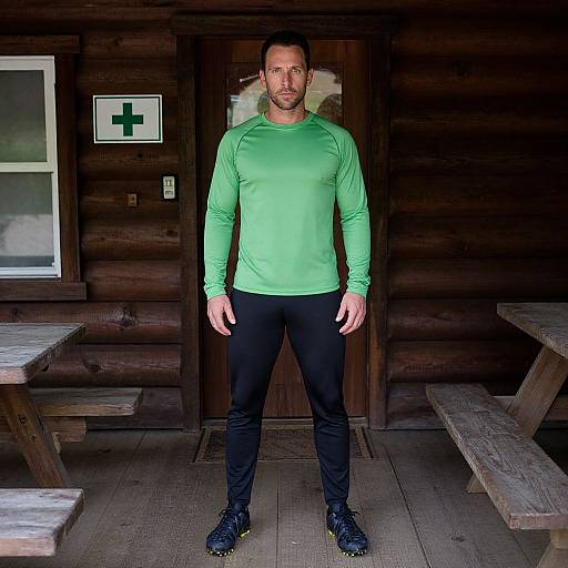 Athletic Man in Cabin Ready for Adventure