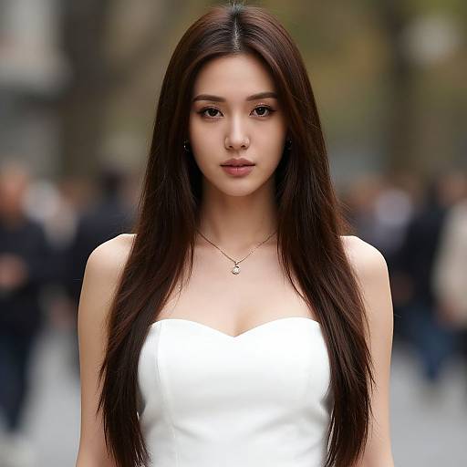 Photograph of an East Asian woman with long, straight dark brown hair, wearing a strapless white dress, standing in a blurred urban crowd. She