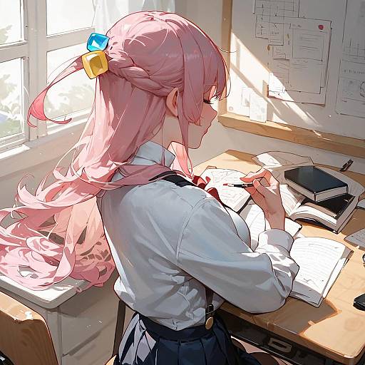 Anime Girl Studying at School Desk