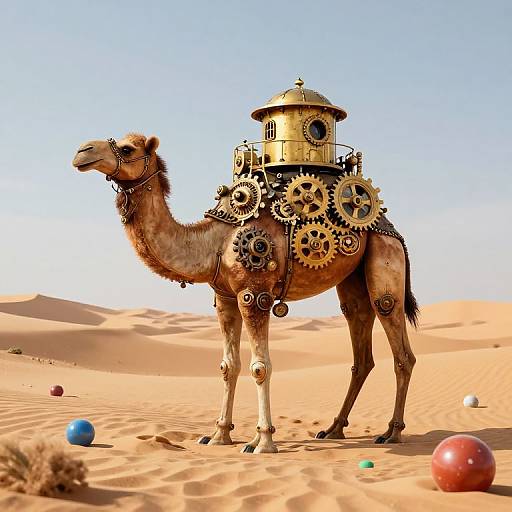 Digital artwork of a steampunk camel in a desert, adorned with brass gears and a clock tower on its back. Colorful balls scattered on the