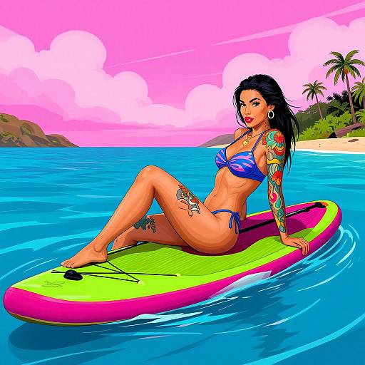 Digital artwork of a tattooed woman with black hair in a blue bikini, sitting on a neon green and pink surfboard in bright blue ocean waters,