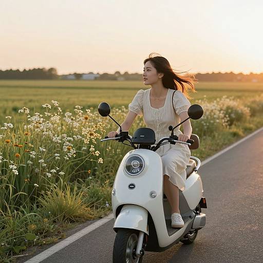 Photograph of an Asian woman with long brown hair, wearing a white dress, riding a white scooter along a sunlit rural road with wildflowers.