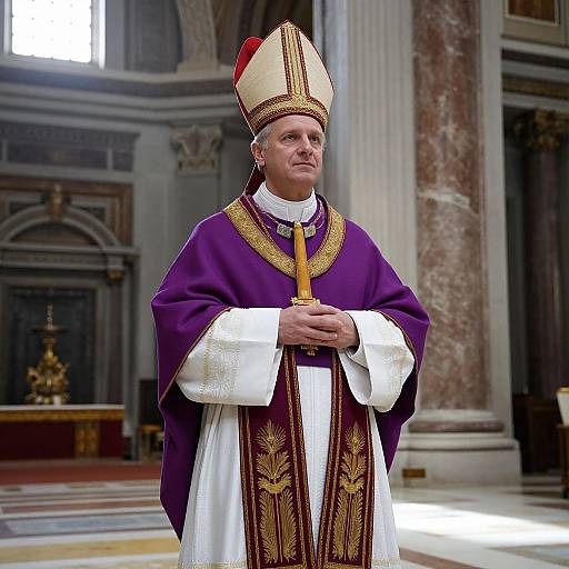 Photograph of a Catholic bishop in a purple and white robe, holding a crosier, wearing a tall, ornate mitre, standing in