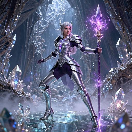 Epic fantasy CGI of a silver-haired, horned female warrior in shiny armor, holding a glowing purple staff, standing in a crystal-filled, eth