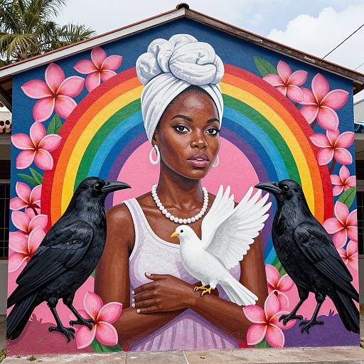 Photograph-like digital art of a dark-skinned woman with white headwrap, pearl necklace, and white dress, flanked by black ravens and