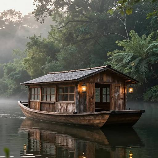 Photograph of a rustic wooden floating house with lanterns, surrounded by misty, lush green forest, and calm water, at dawn.