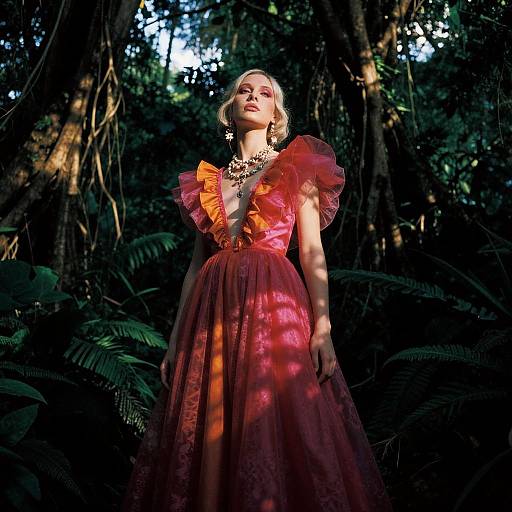 Photograph of a blonde woman in a vibrant pink, ruffled dress, standing in a shadowy, sunlit jungle, wearing a statement necklace.