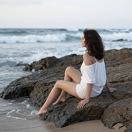 Photograph of a woman with wavy brown hair, wearing a white off-shoulder dress, sitting on dark rocky shoreline, gazing at the