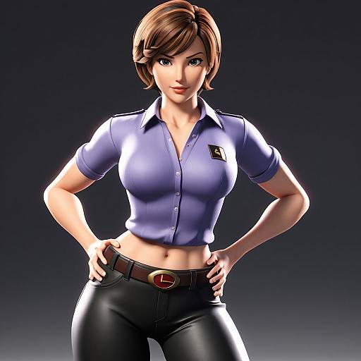 Digital 3D rendering of a confident, short-haired woman with light skin, wearing a blue button-up shirt, black pants, and a belt,