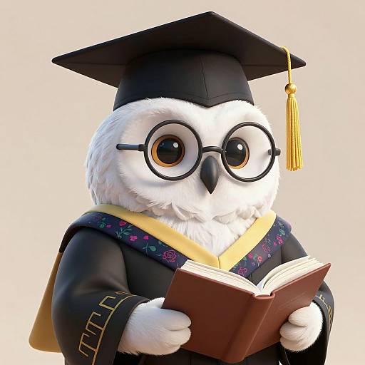 Cute CGI owl in graduation cap and gown, wearing round glasses, reading a book, with a yellow tassel. White background.