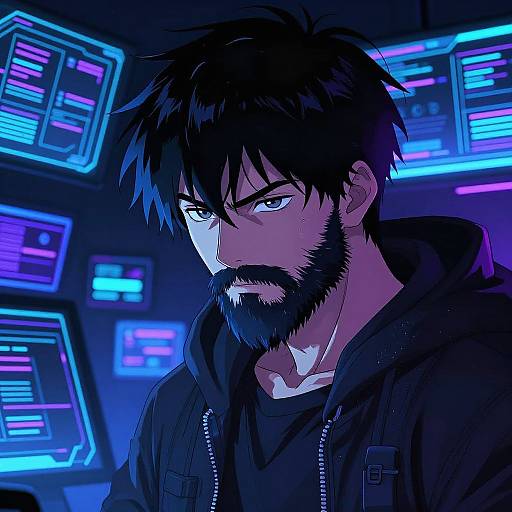Digital anime-style drawing of a bearded man with intense eyes, black hair, and hoodie, surrounded by glowing blue and purple computer screens.