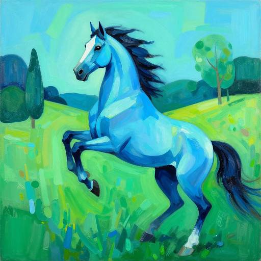 Vibrant painting of a rearing blue horse with a black mane and tail, set in a bright green field with trees under a blue sky.