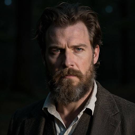 Photograph of a serious, middle-aged, bearded man with dark brown hair, wearing a black suit over a white shirt, against a dark background