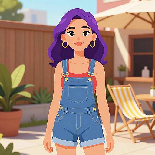 Digital cartoon of a smiling woman with purple hair, wearing blue denim overalls and a red tank top, standing in a sunny backyard with plants and a