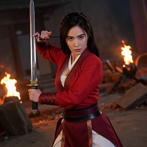 Photograph of a fierce, dark-haired woman in a red kimono holding a sword, standing in a dimly lit, burning ruins.