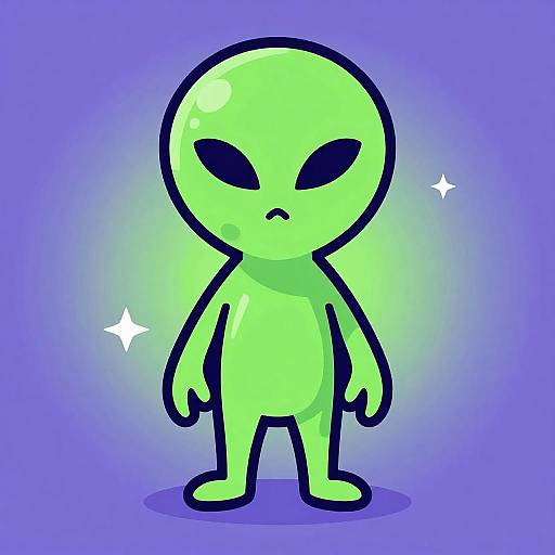 Digital cartoon of a bright green alien with large black eyes, simple outline, standing against a purple gradient background. White sparkles flank the alien.