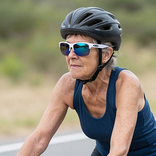 Photograph of an elderly woman with wrinkled skin, wearing a black helmet, blue sunglasses, and a black tank top, cycling outdoors.