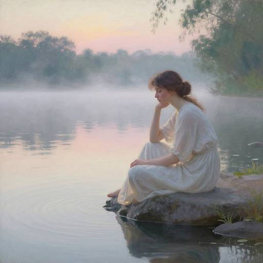 Photograph of a contemplative woman in a white, flowing gown, sitting on a rock by a misty lake at sunrise.