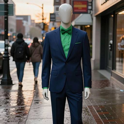 Mannequin in Blue Suit on Rainy Sidewalk