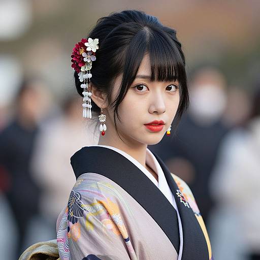 Photograph of a young Asian woman with black hair, red lipstick, and floral hairpiece, wearing a colorful kimono with black obi, standing
