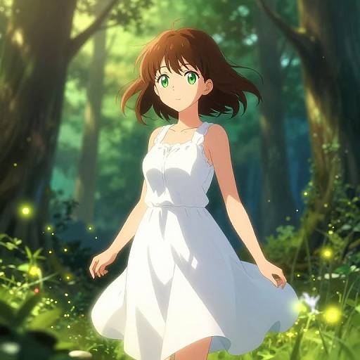 Anime-style digital artwork of a young girl with green eyes, brown hair, wearing a white sleeveless dress, standing in a luminous forest with glowing