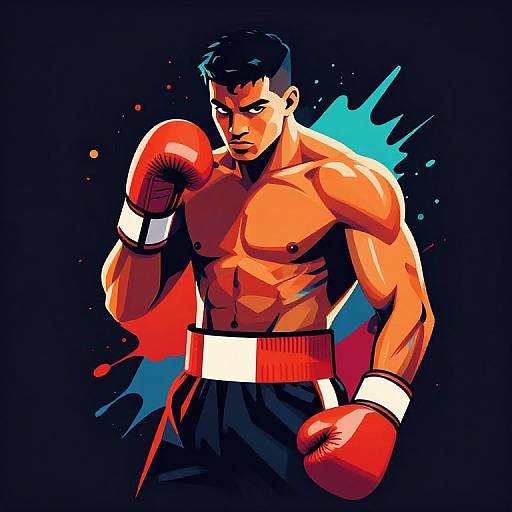 Digital art of muscular, shirtless male boxer with dark hair, red gloves, and black shorts, striking a powerful pose against a splattered blue and