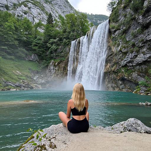 Photograph of a blonde woman in a black sports bra and shorts, sitting on a rock, facing a cascading waterfall and turquoise pool, surrounded by