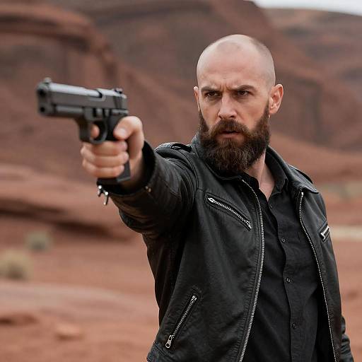 Bearded Man Aiming Handgun in Red Wasteland