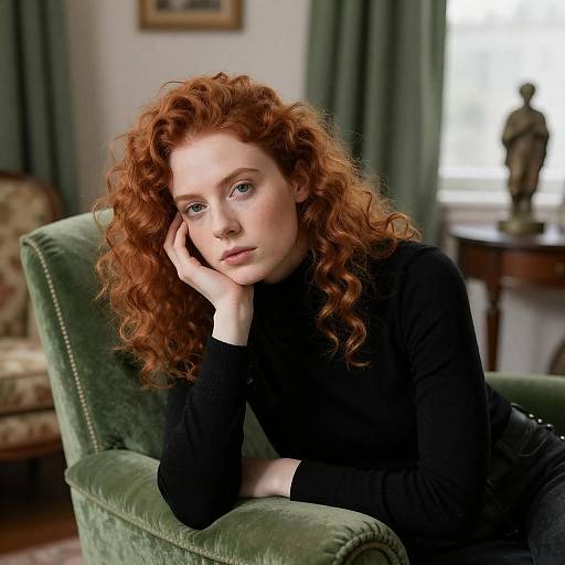 Intense Woman in Green Armchair