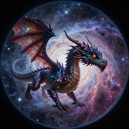 Digital fantasy artwork of a blue, scaly dragon with glowing red eyes and red wings, floating in a colorful, swirling galaxy.