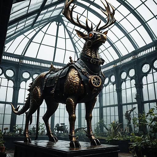 Bronze Dragon Stag Sculpture in Victorian Greenhouse