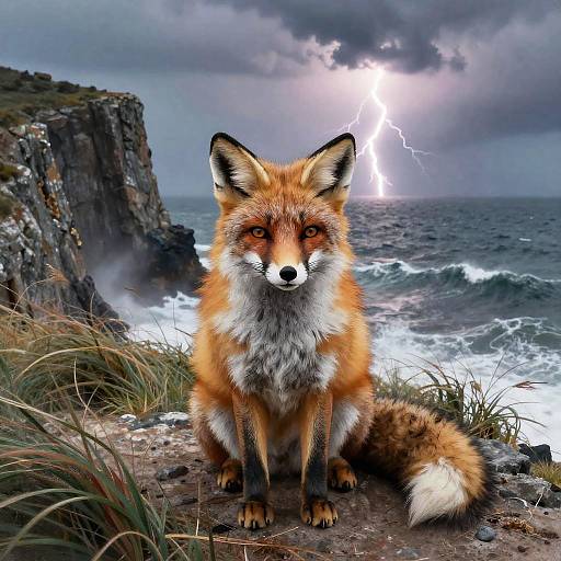 Golden Fox on Stormy Sea Cliff