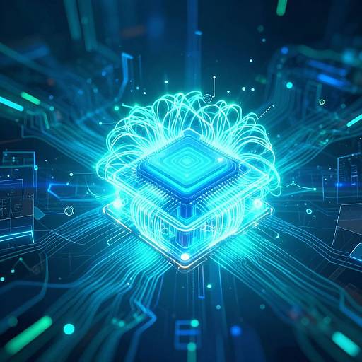 Digital CGI of a glowing blue, neon-lit, cube with swirling lines, set against a dark, circuit-board background. Cybernetic, futuristic