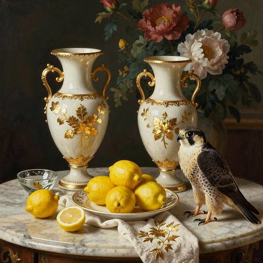 Ornate Vases and Falcon Still Life