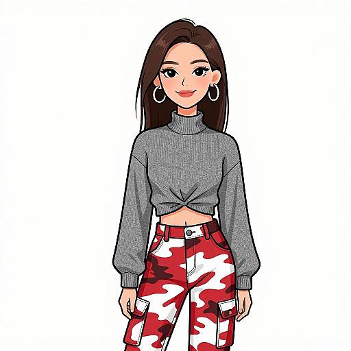 Digital illustration of a smiling woman with long dark hair, gray turtleneck crop top, and red-white camouflage pants, wearing hoop earrings.