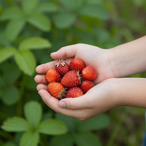 Photograph of pale hands gently holding a cluster of ripe, red strawberries against a blurred green leafy background.