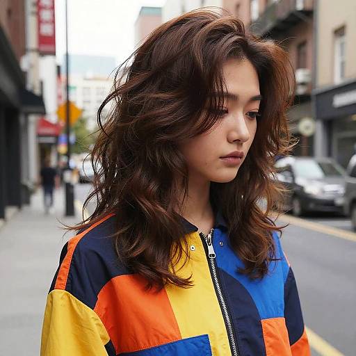 Young Woman with Textured Layers Hairstyle on Urban Street