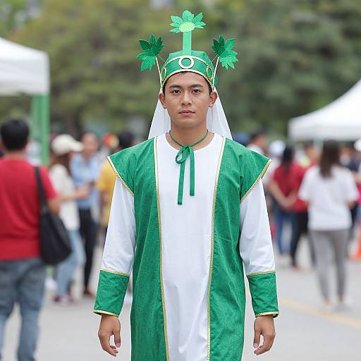 Photograph of a young man in a green and white traditional costume with a leafy hat, standing outdoors among blurred festival-goers.