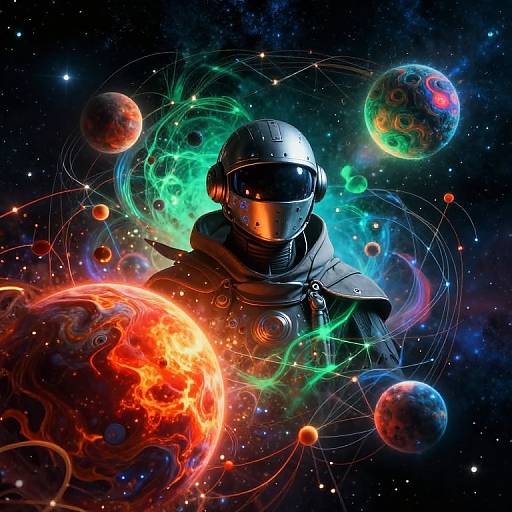 Digital artwork of a masked, armored figure in space, surrounded by colorful planets, nebulae, and cosmic energy lines. Bright, vivid colors dominate