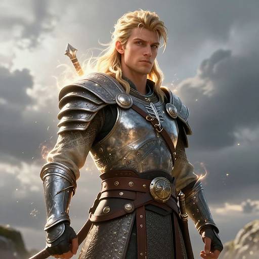 Digital artwork of a muscular, blonde-haired warrior with long hair, wearing shiny silver armor and a brown belt, standing in a dramatic cloudy sky.