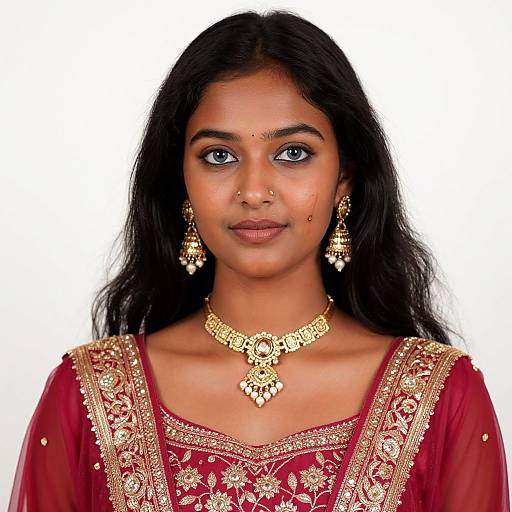 Photograph of a young South Asian woman with dark hair, wearing a red traditional dress with gold embroidery, and ornate gold jewelry, including a necklace