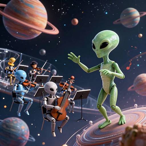 Digital illustration of green alien conductor directing a space orchestra with blue and white alien musicians playing violins, cello, and standing on galaxy rings and planets